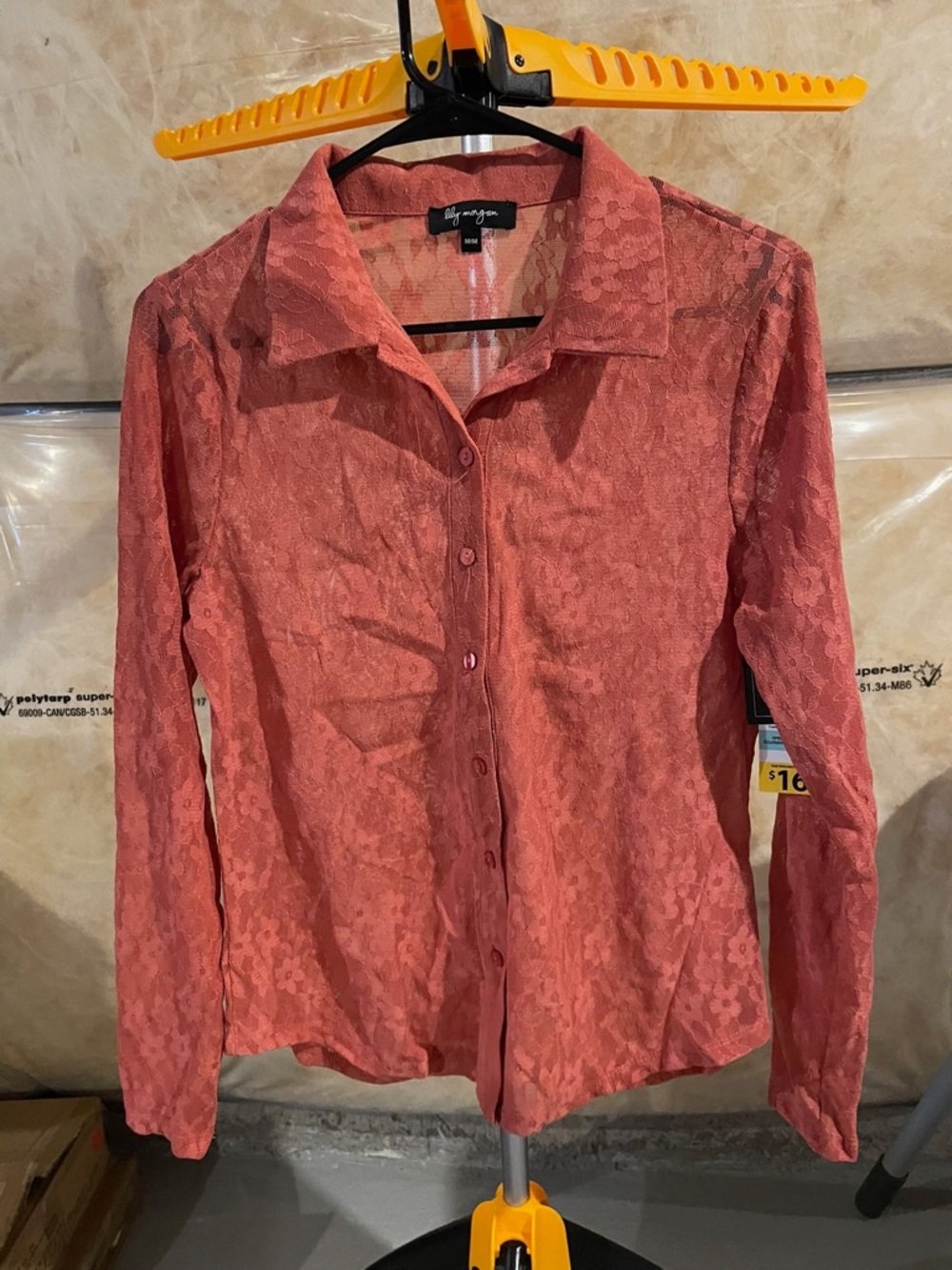 Transparent Lace Button-Front Blouse - Coral